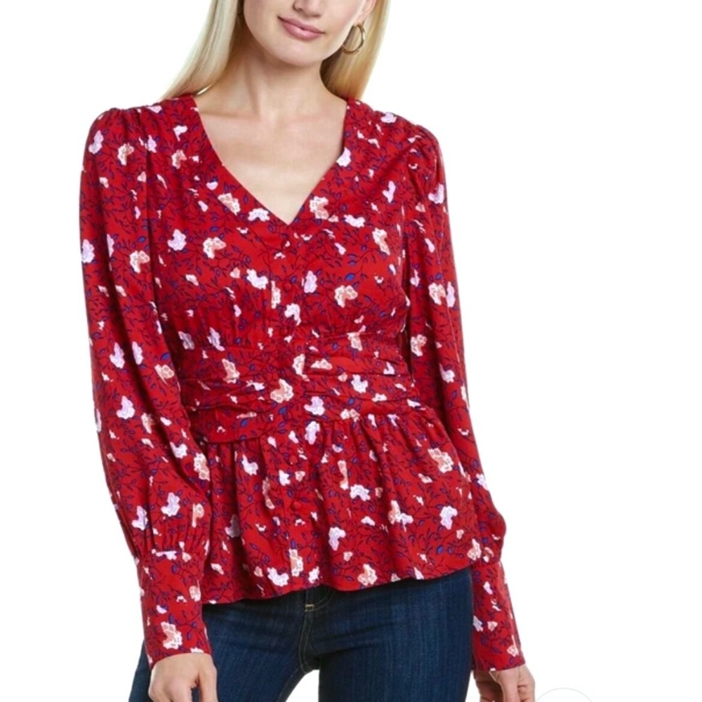 Walter Baker Women XS Red Floral Clara Apple Blossom Peplum Long Sleeve Top NWT